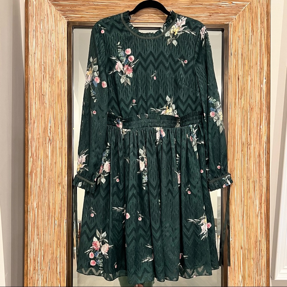 TED BAKER London Dark Green Floral Print SOFIYA Ribbon Tie Midi Dress